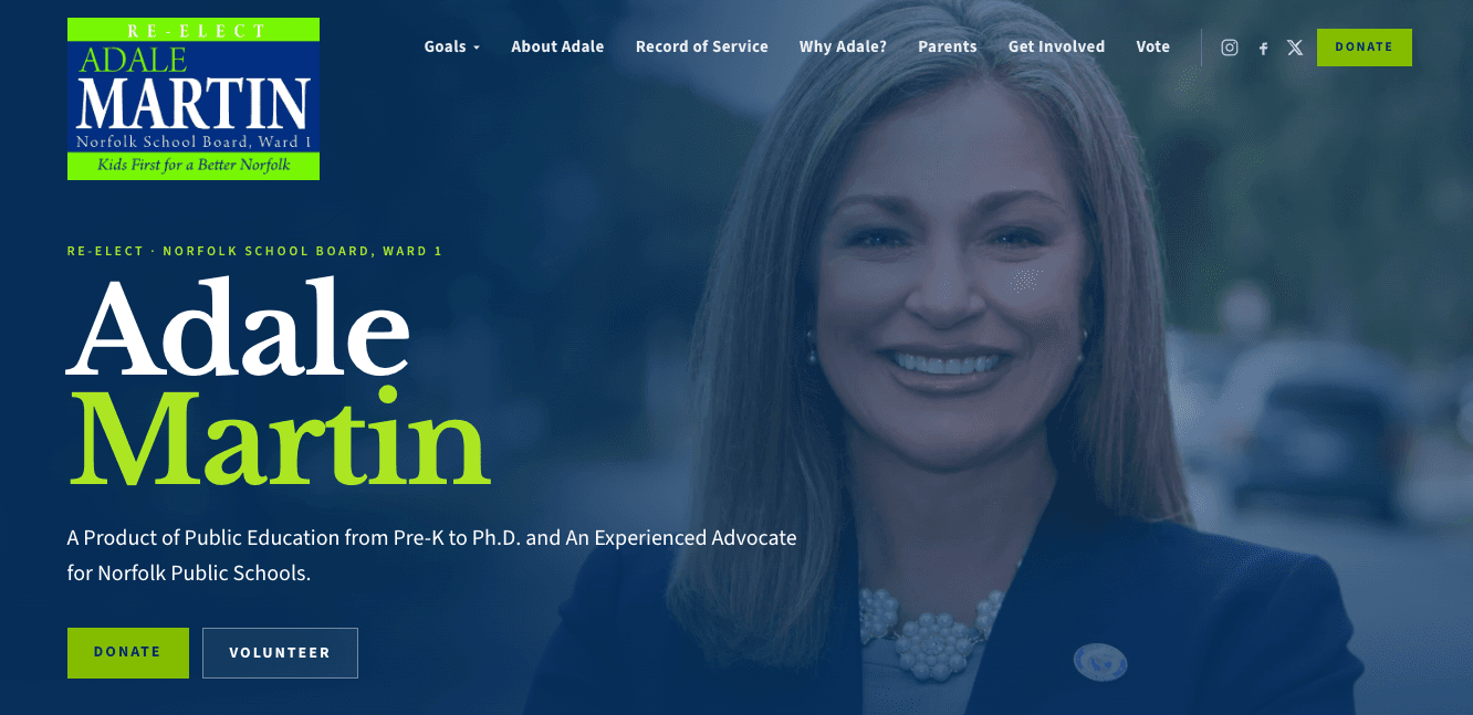 Dr. Adale Martin campaign homepage for Norfolk School Board, Ward 1, with Donate and Volunteer.