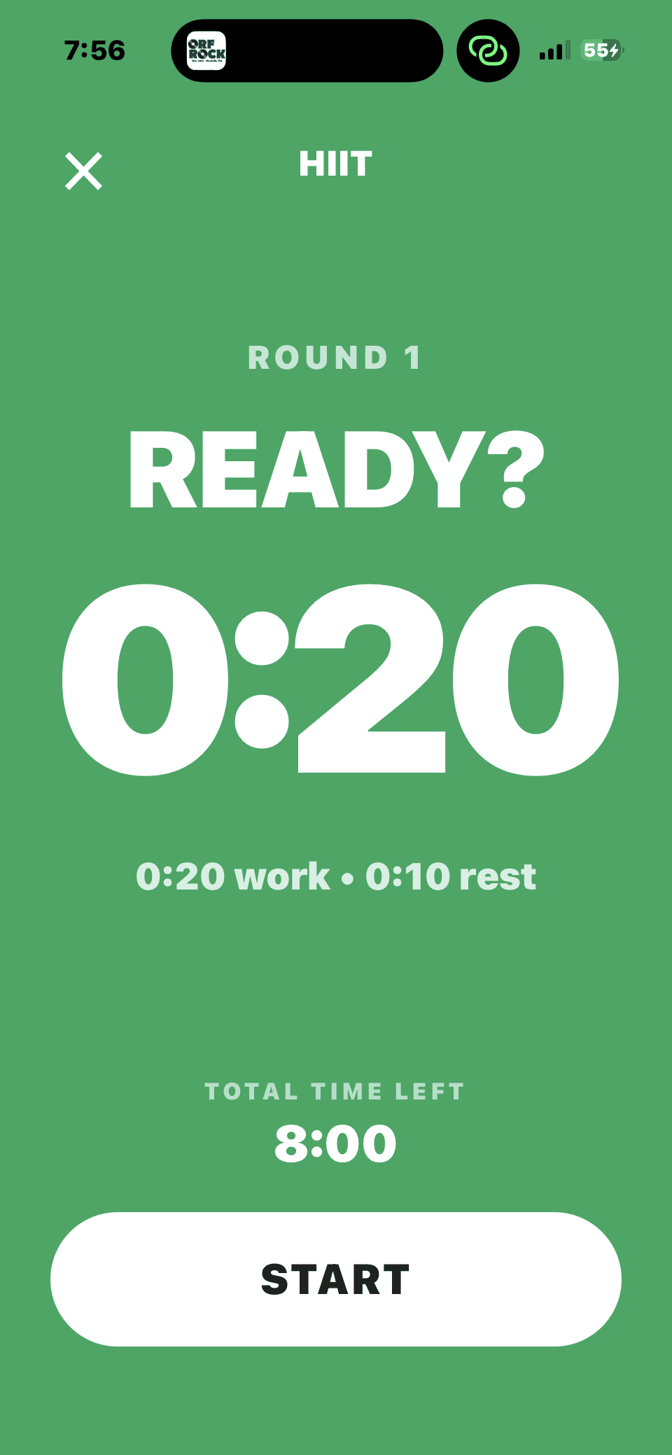 SweatShift HIIT ready screen showing READY?, a 0:20 countdown, 0:20 work and 0:10 rest, and Start.