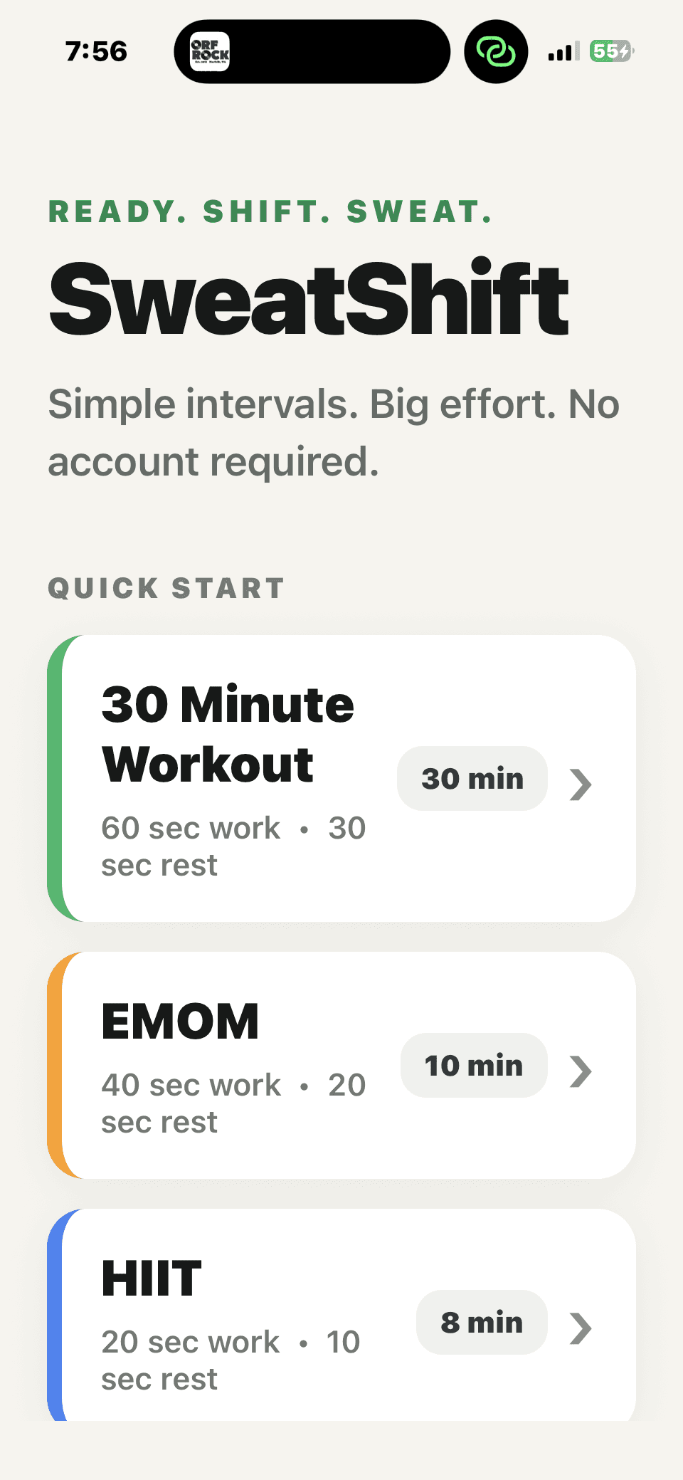 SweatShift home with Ready. Shift. Sweat. branding and Quick Start presets for 30 Minute Workout, EMOM, and HIIT.