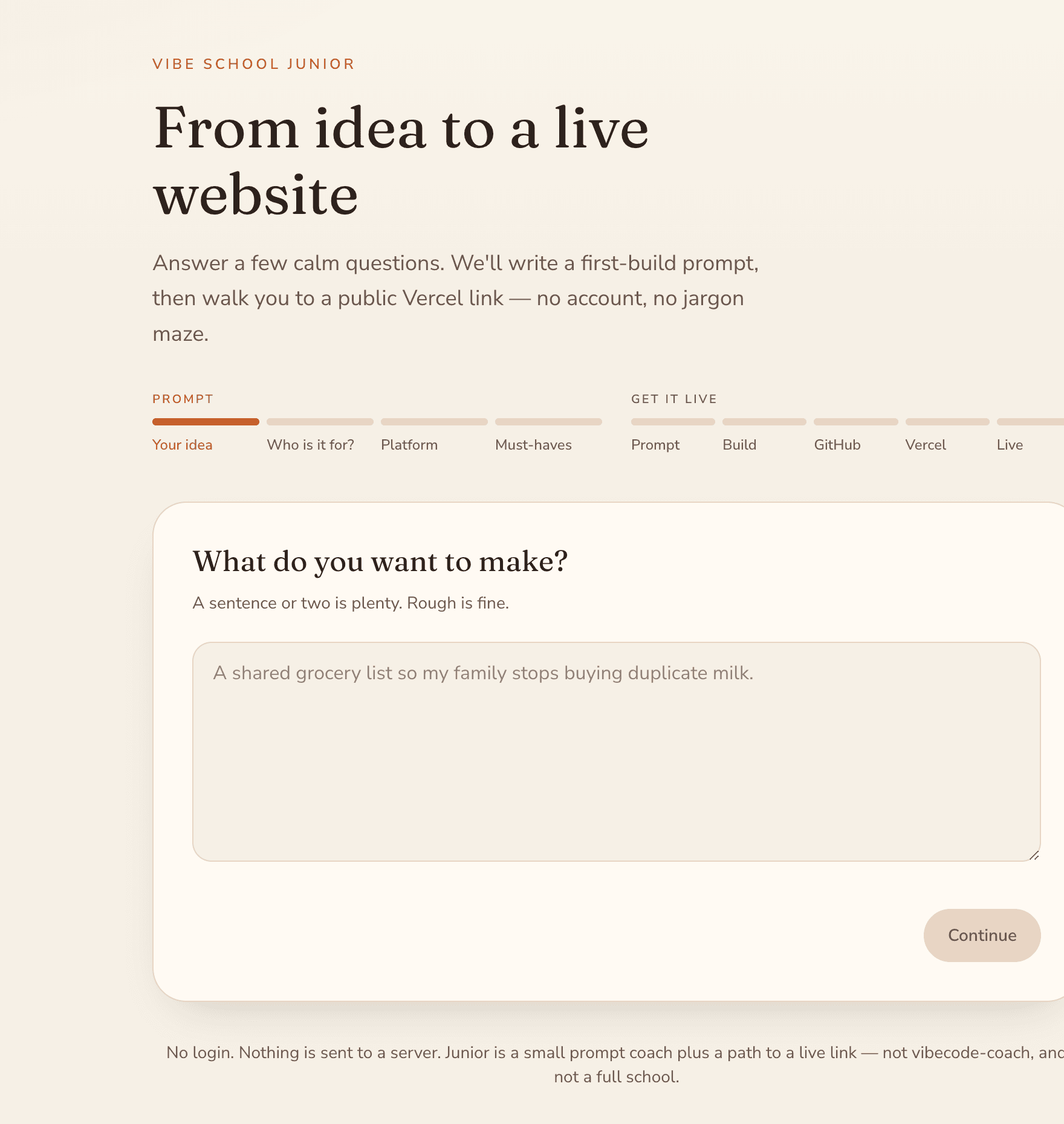 Vibe School Junior homepage: From idea to a live website, with the first prompt step asking What do you want to make?